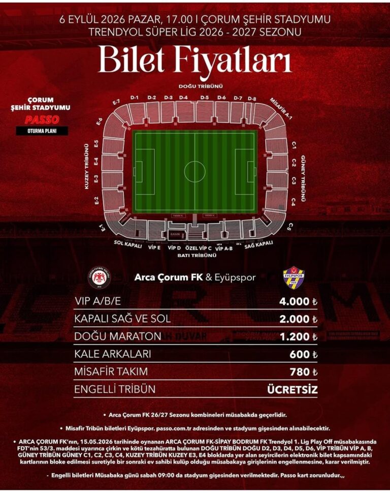 Arca Çorum FK – Eyüpspor Maçının Biletleri Satışta! İşte Fiyatlar ve Detaylar